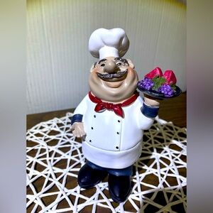 Italian chef short & stout with a fruit tray. 7.5” tall
